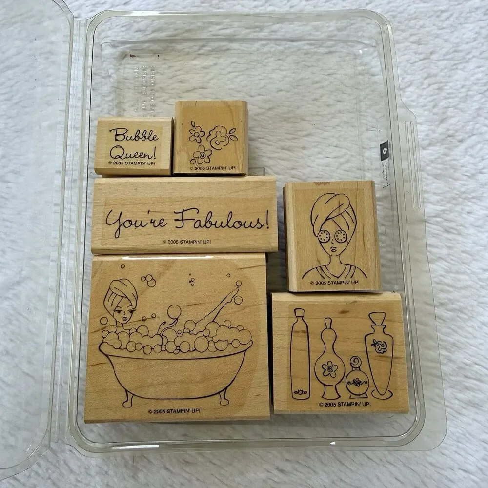 Stampin' Up! BUBBLE QUEEN Red Rubber Wood Mount 6 Piece Stamp Set Retired